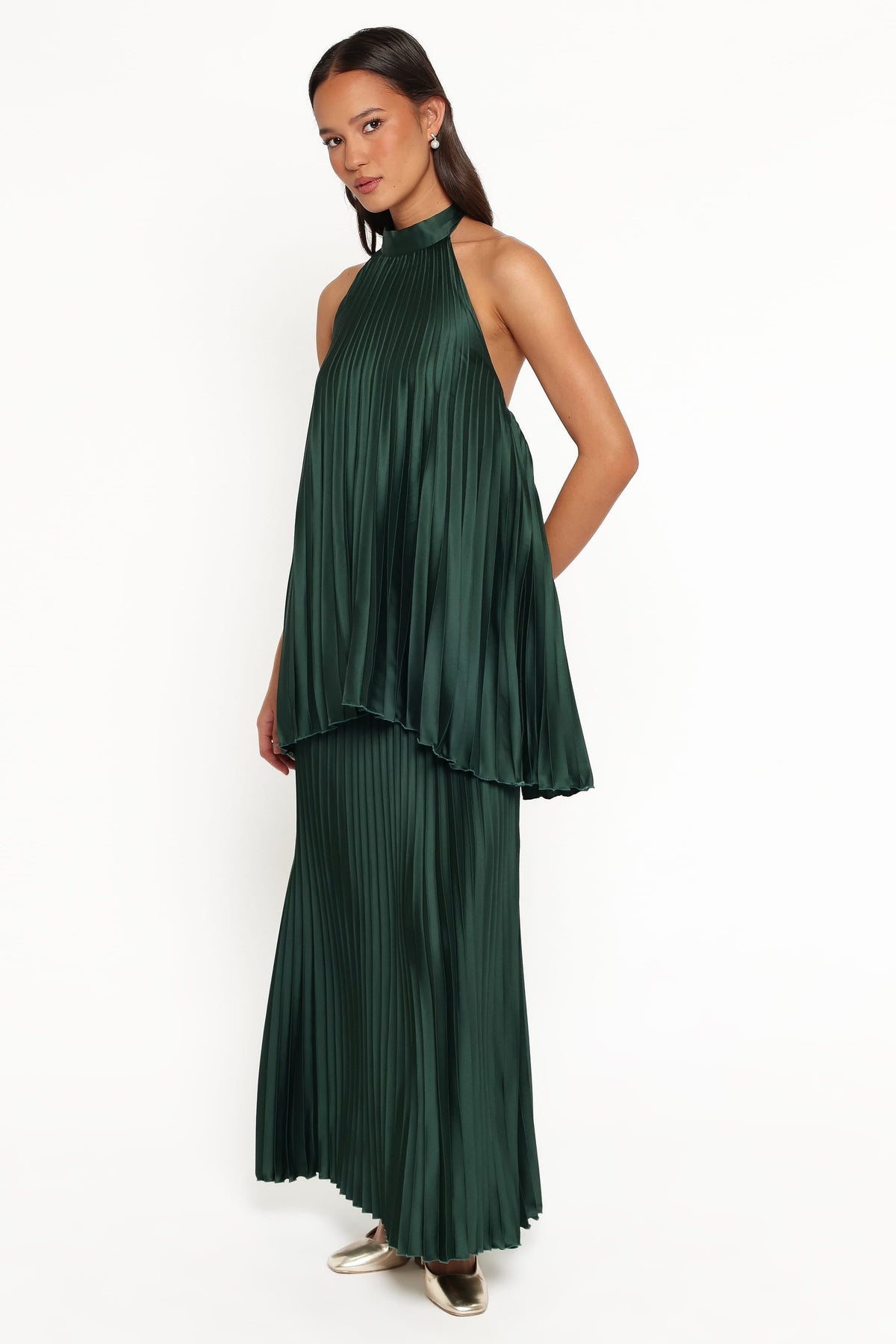 Darina Pleated Skirt Set in Olive – view 2 of 9