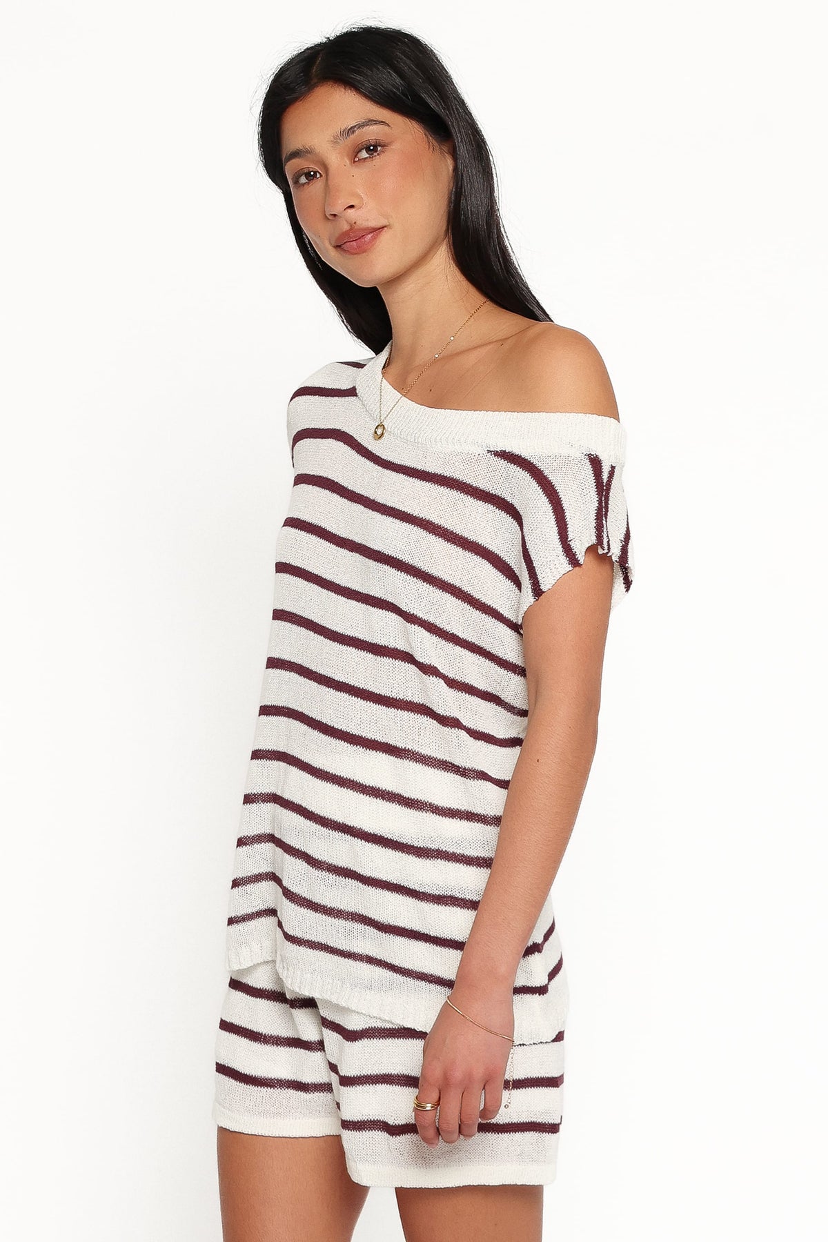Janie Knitted Short Set in White Plum Stripe – view 3 of 7