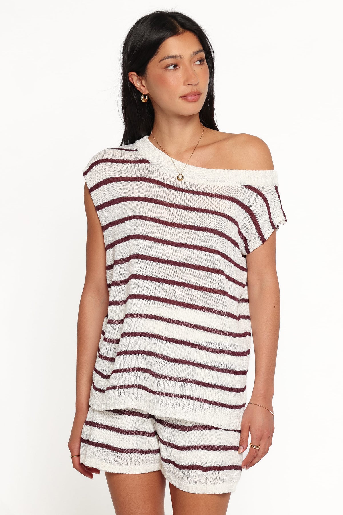 Janie Knitted Short Set in White Plum Stripe – view 1 of 7