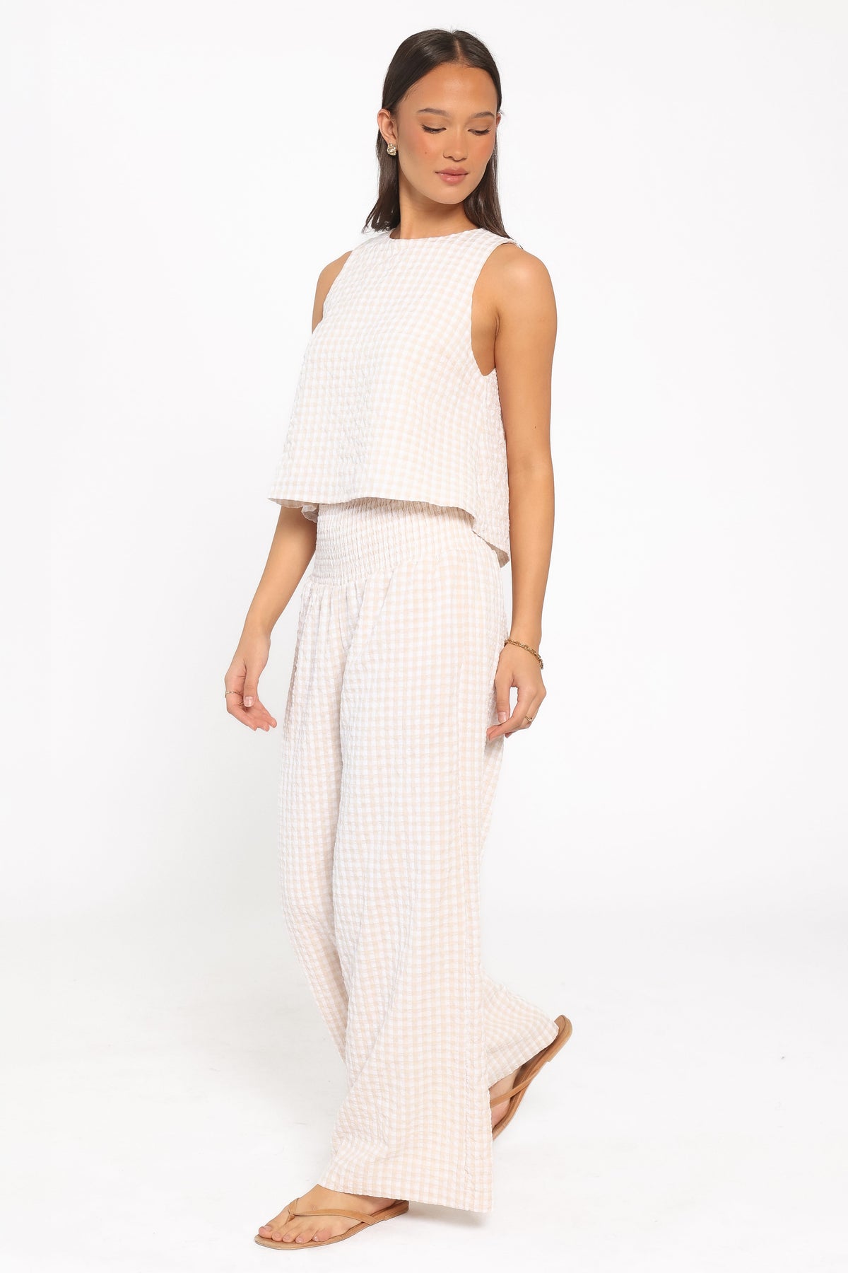 Jillian Smocked Pant Set in Beige Gingham – view 3 of 7