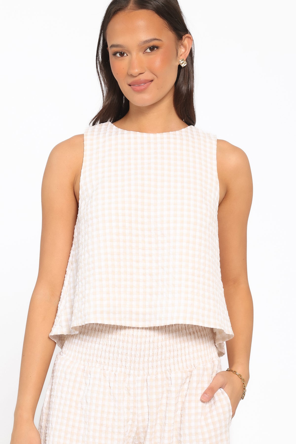Jillian Smocked Pant Set in Beige Gingham – view 2 of 7
