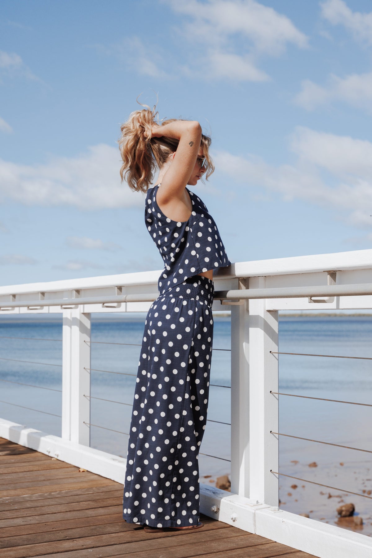 Jillian Smocked Pant Set in Navy Polka Dot – view 1 of 8