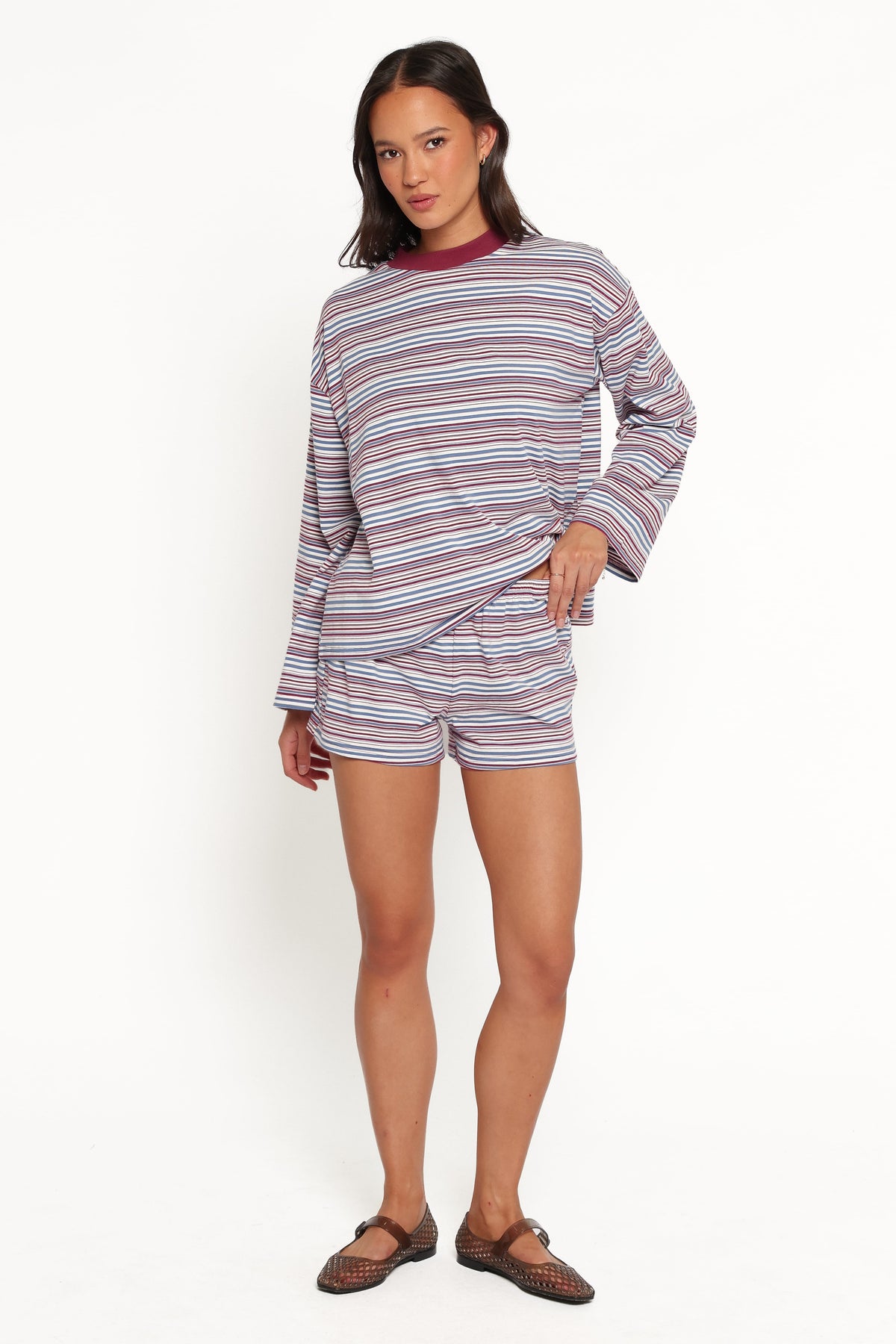Silvia Knit Short Set in Burgundy Stripe – view 6 of 8