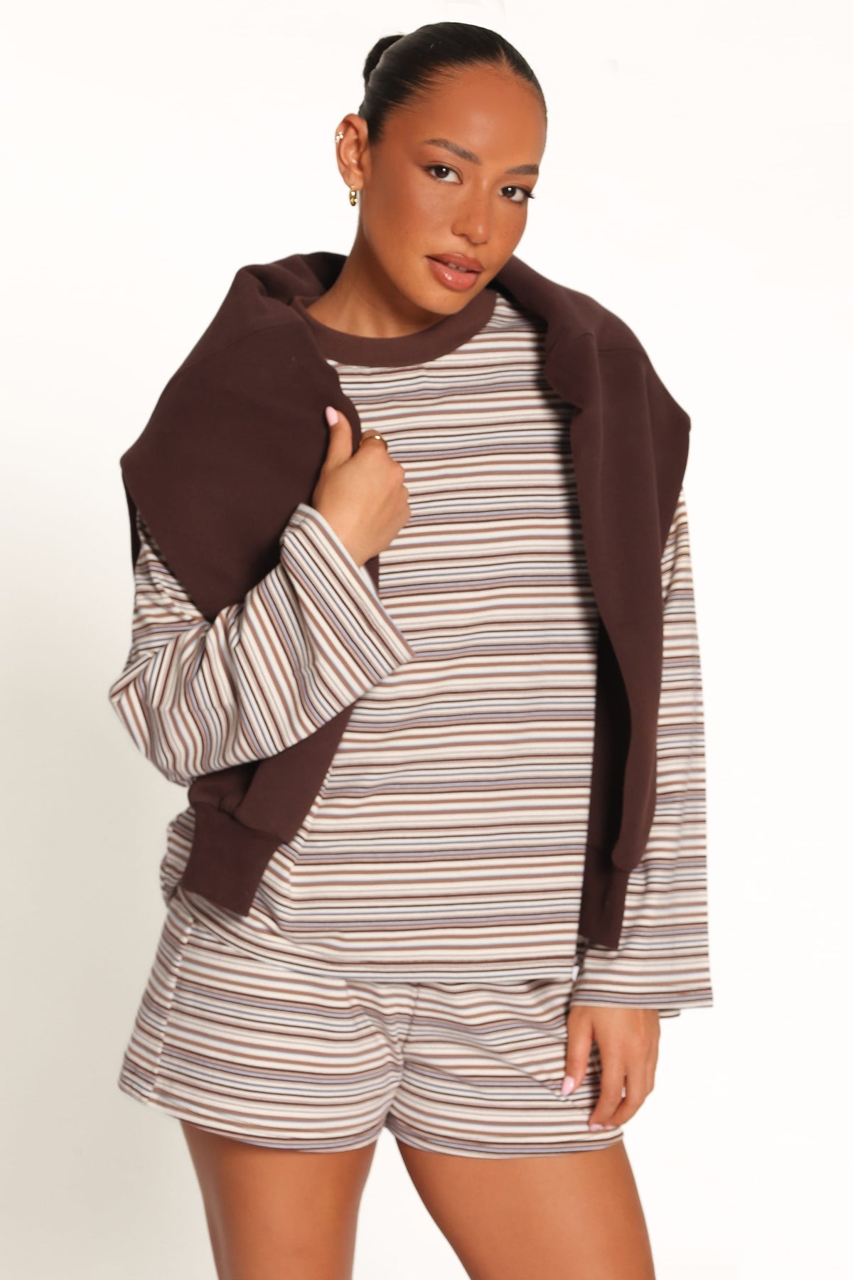 Silvia Knit Short Set in Chocolate Brown Stripe – view 7 of 8