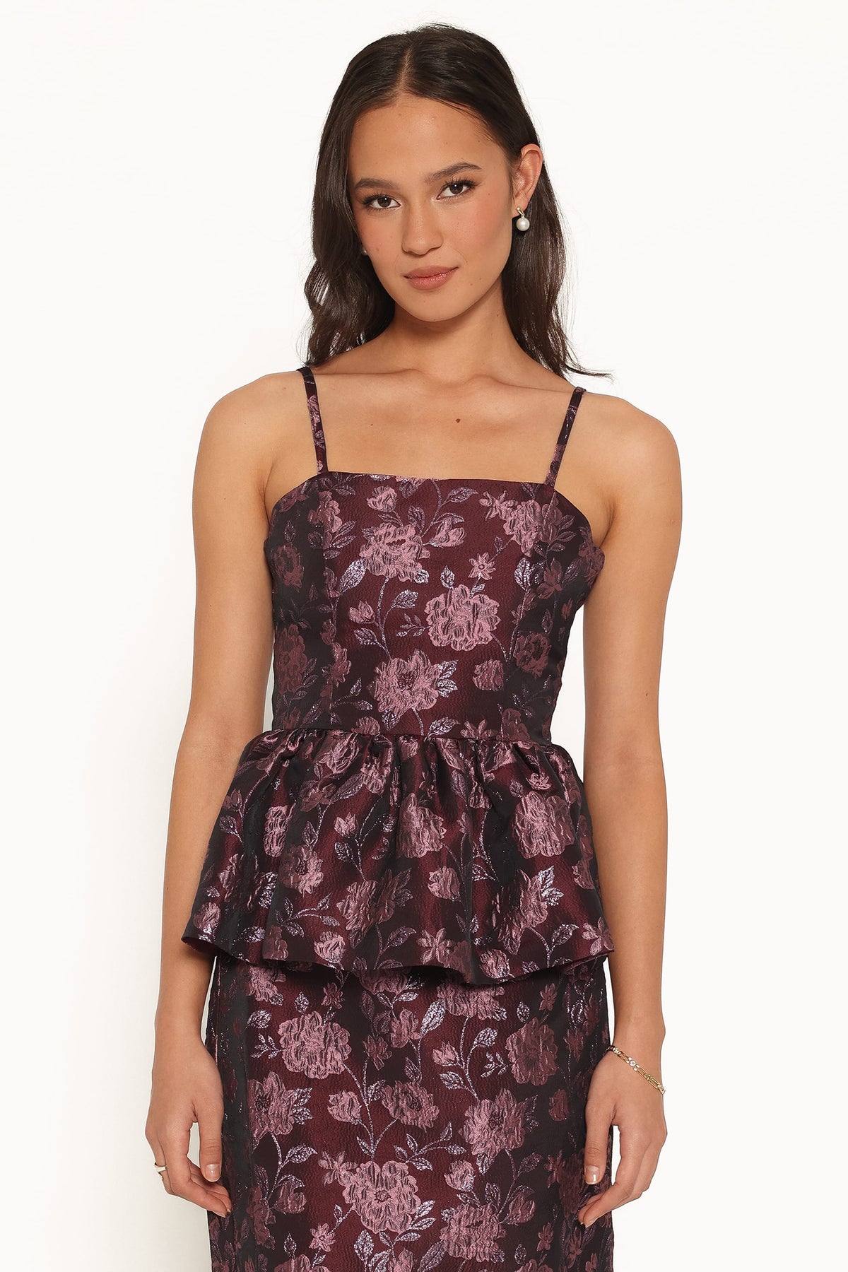 Allegro Peplum Top in Plum Brocade – view 1 of 7