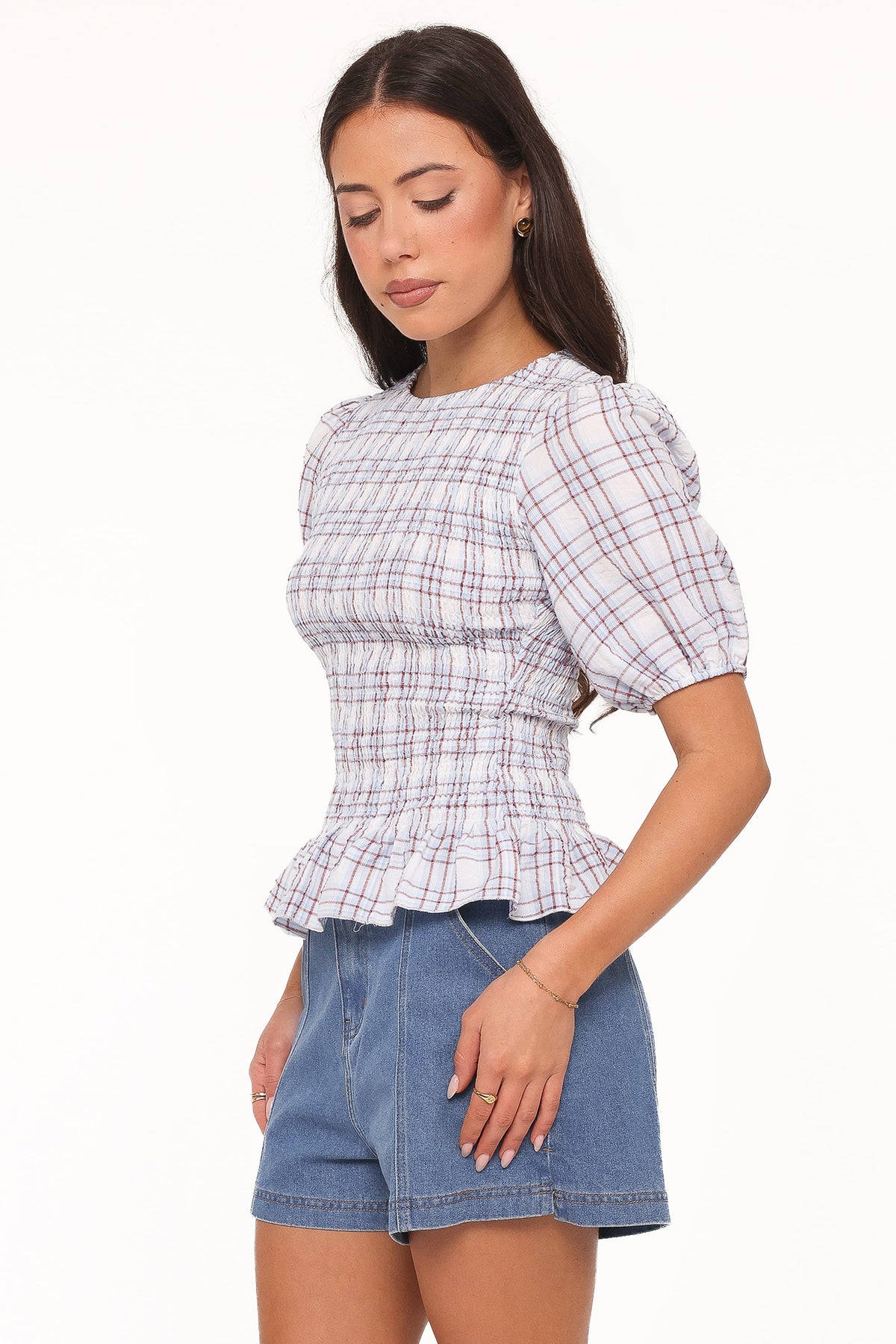 Callista Shirred Waist Top in Light Blue Plaid – view 3 of 7