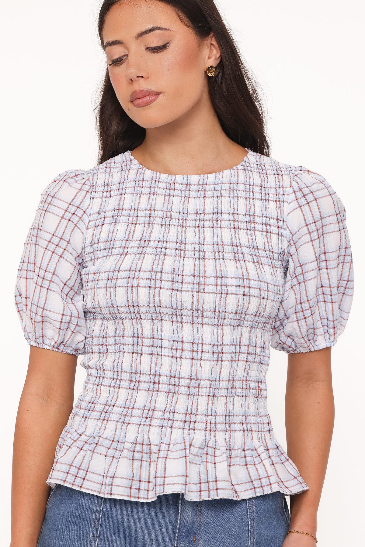 Callista Shirred Waist Top in Light Blue Plaid – view 2 of 7
