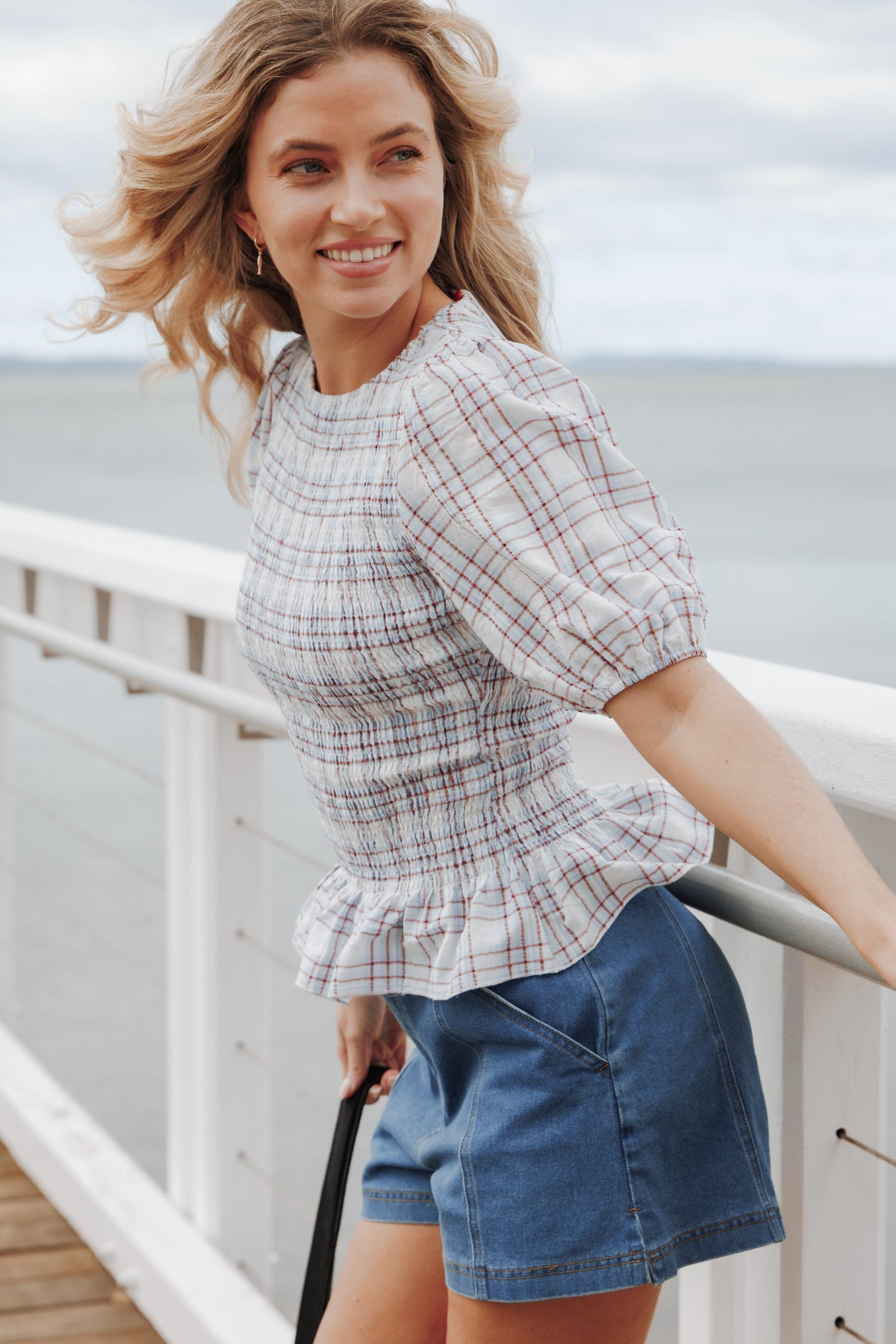 Callista Shirred Waist Top in Light Blue Plaid – view 7 of 7