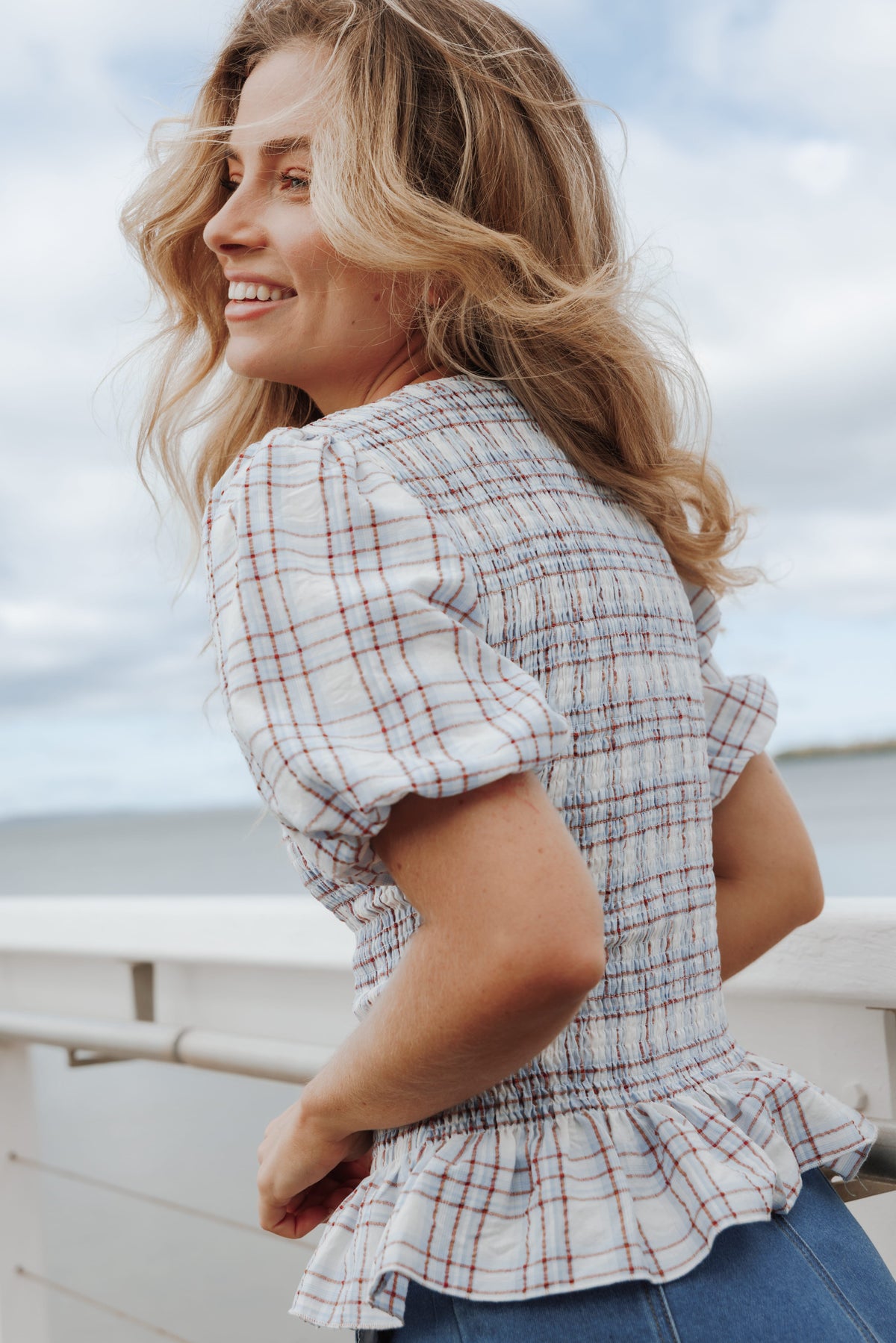 Callista Shirred Waist Top in Light Blue Plaid – view 1 of 7