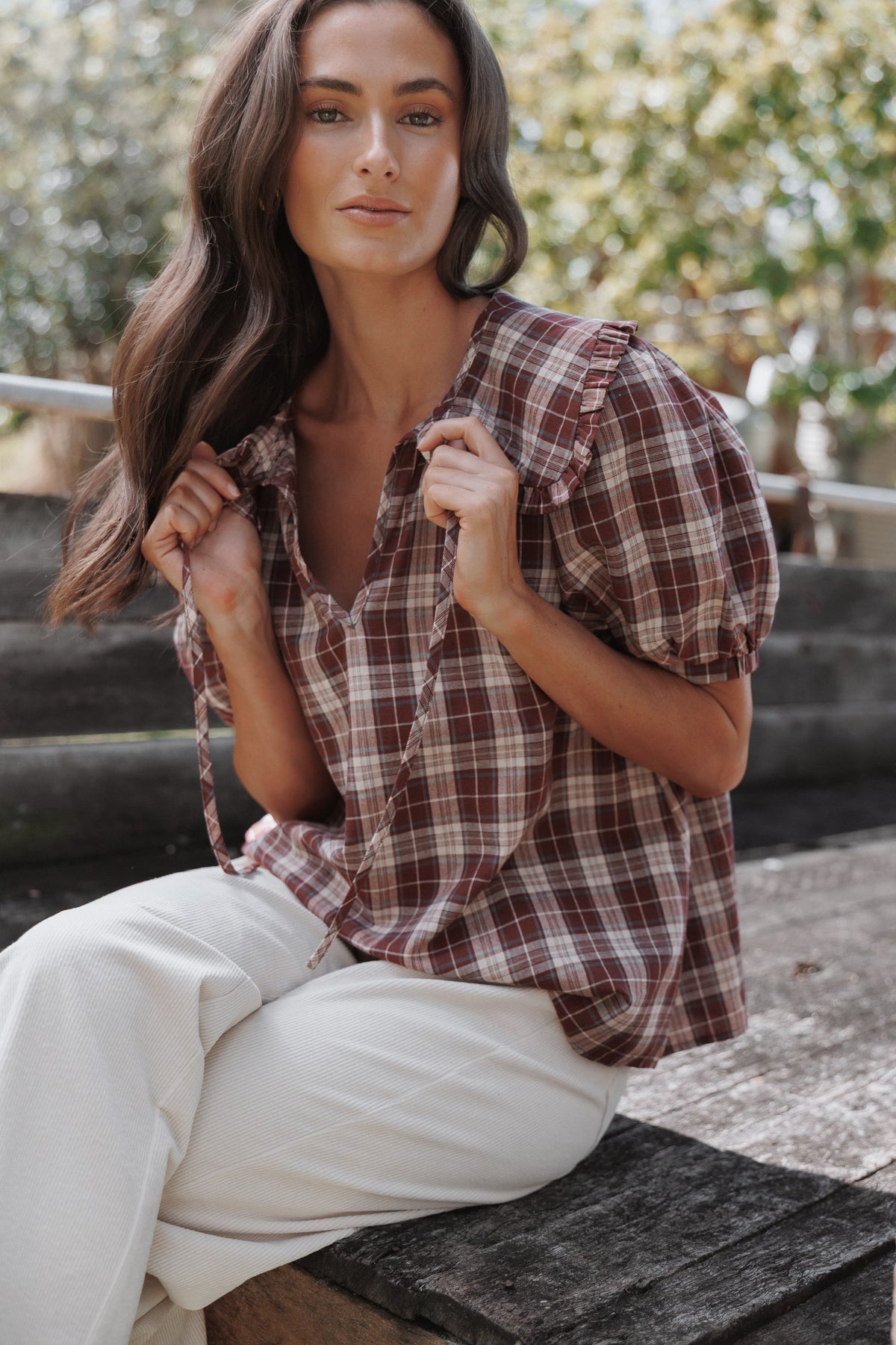 Evandri Frill Collar Top in Burgundy Plaid – view 1 of 9