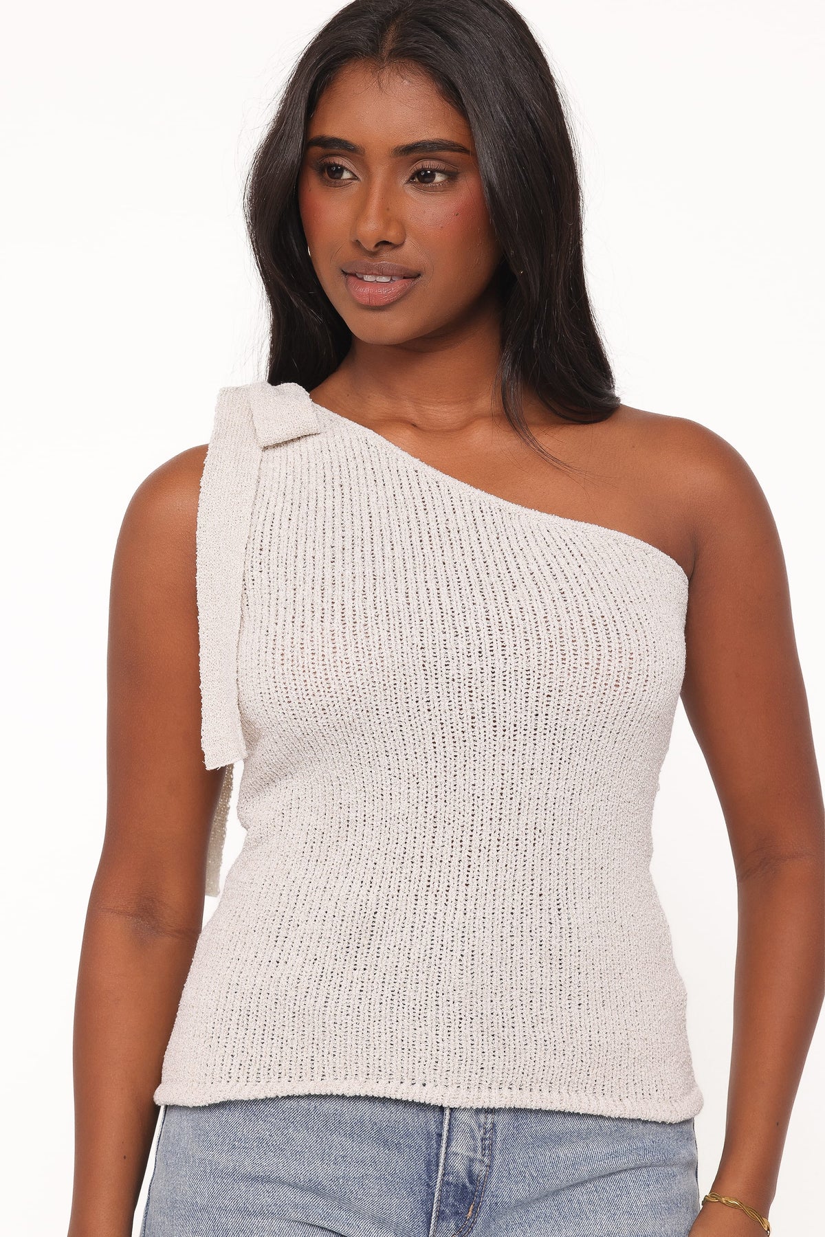 Jutta One Shoulder Knit Top in Beige – view 3 of 8