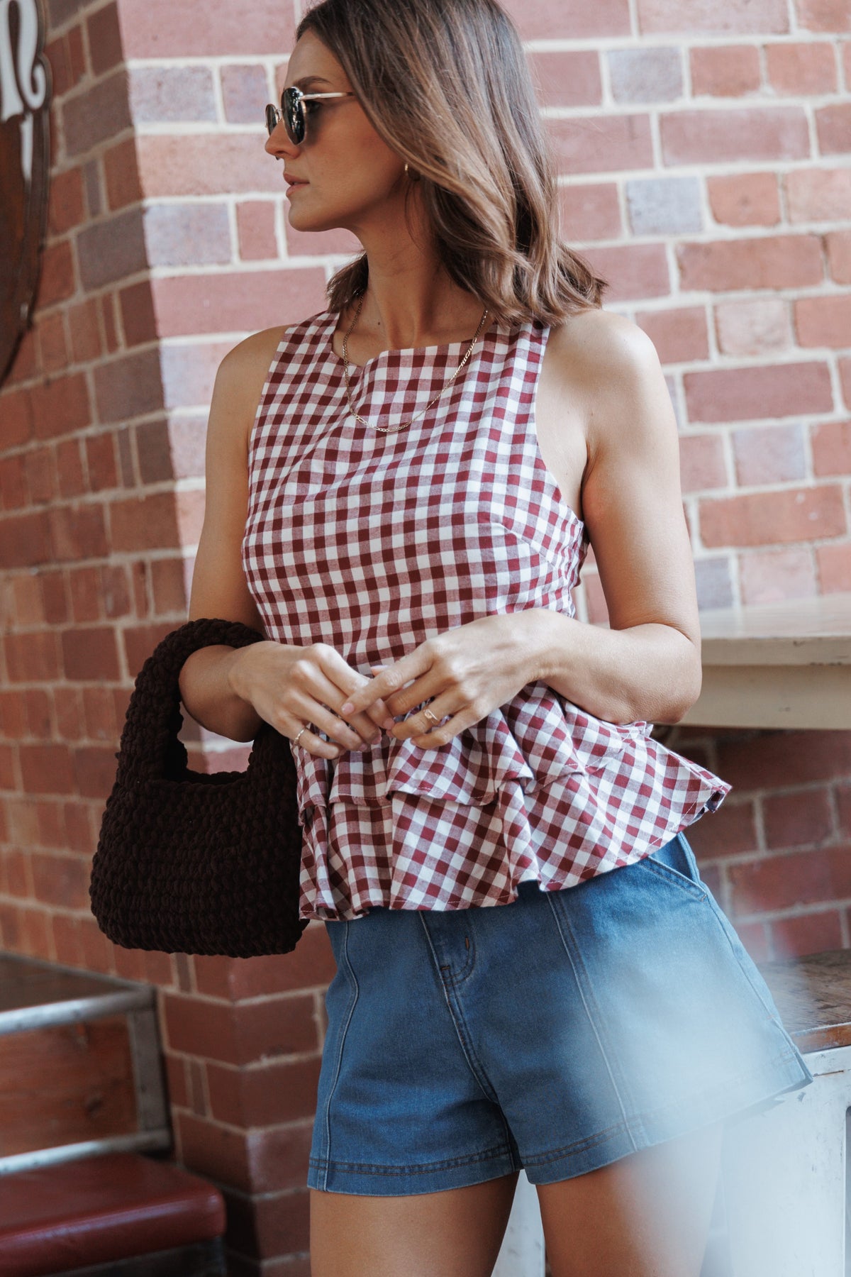 Landon Tiered Peplum Top in Burgundy Gingham – view 1 of 8
