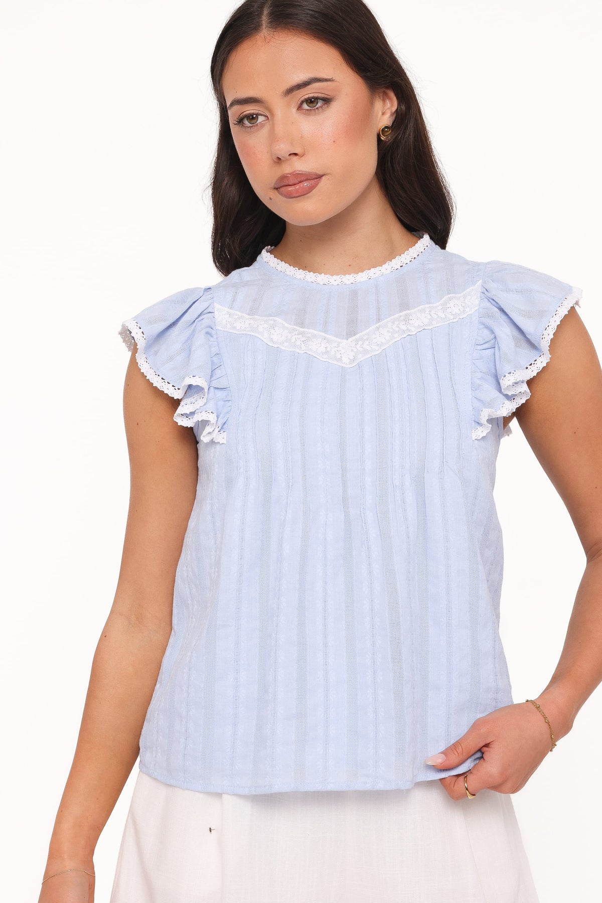 Laoise Lace Inset Ruffle Top in Light Blue – view 3 of 8