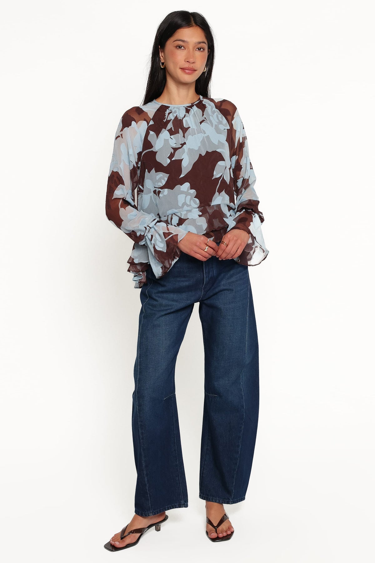 Larson Ruffle Hem Top in Blue Floral Burnout – view 1 of 6