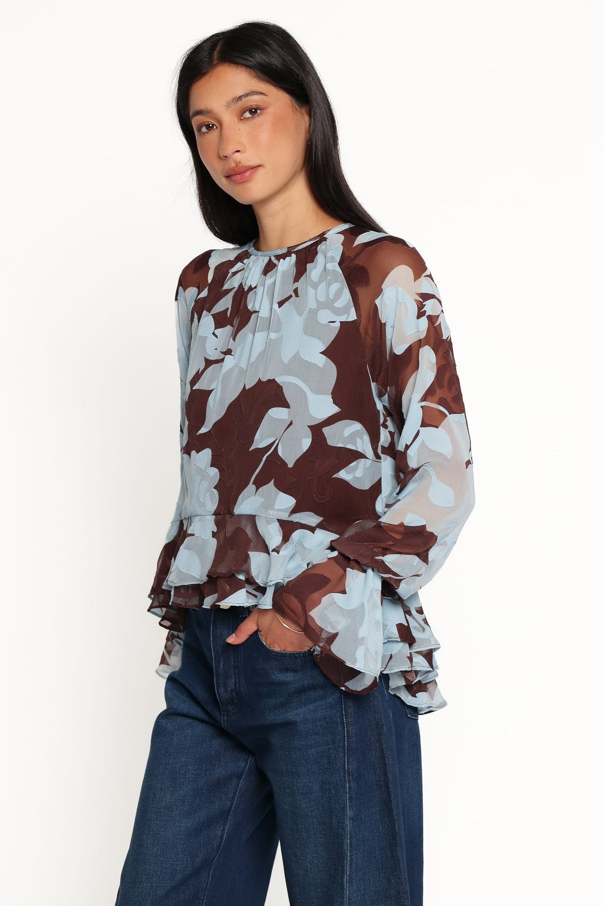 Larson Ruffle Hem Top in Blue Floral Burnout – view 3 of 6