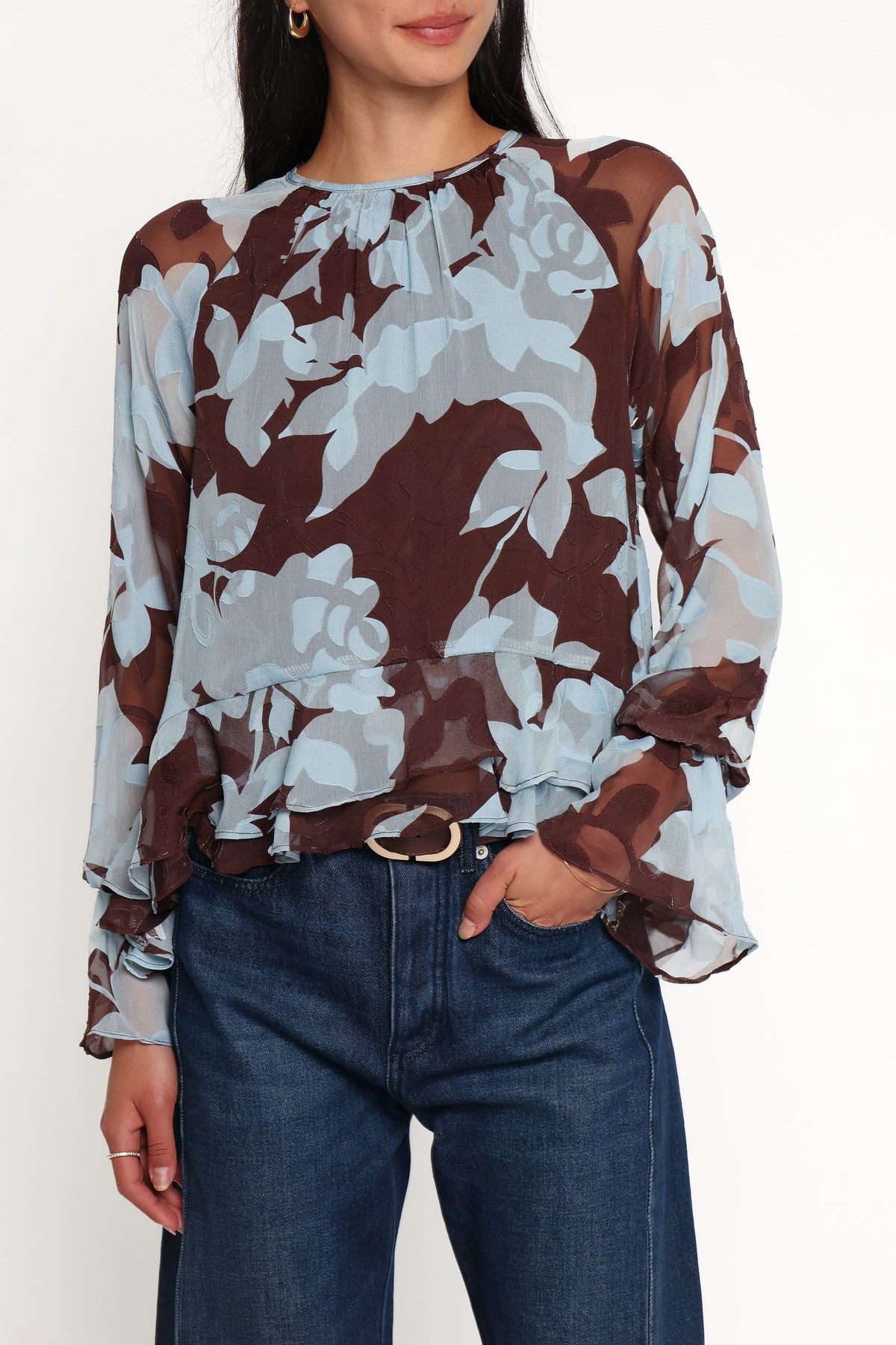 Larson Ruffle Hem Top in Blue Floral Burnout – view 2 of 6