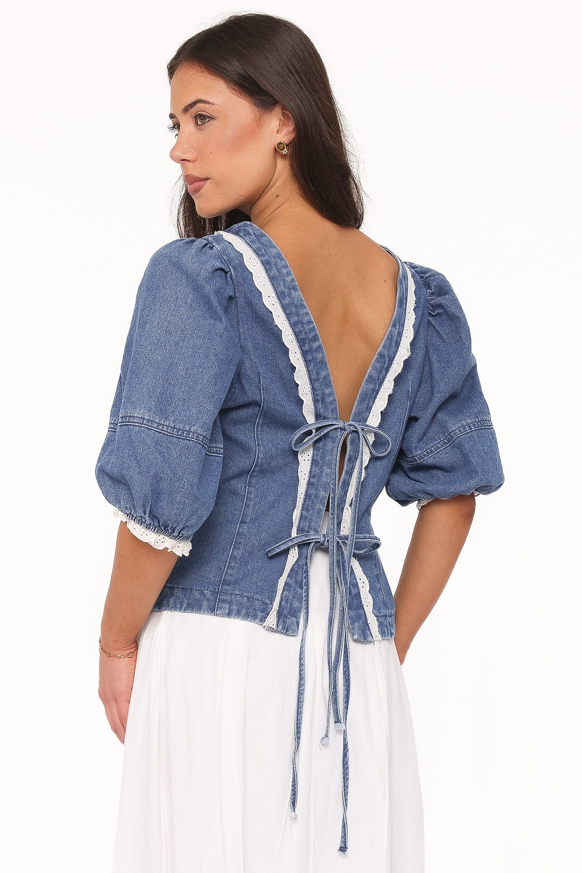 Merli Denim Open Back Top in Blue Medium Wash – view 3 of 8