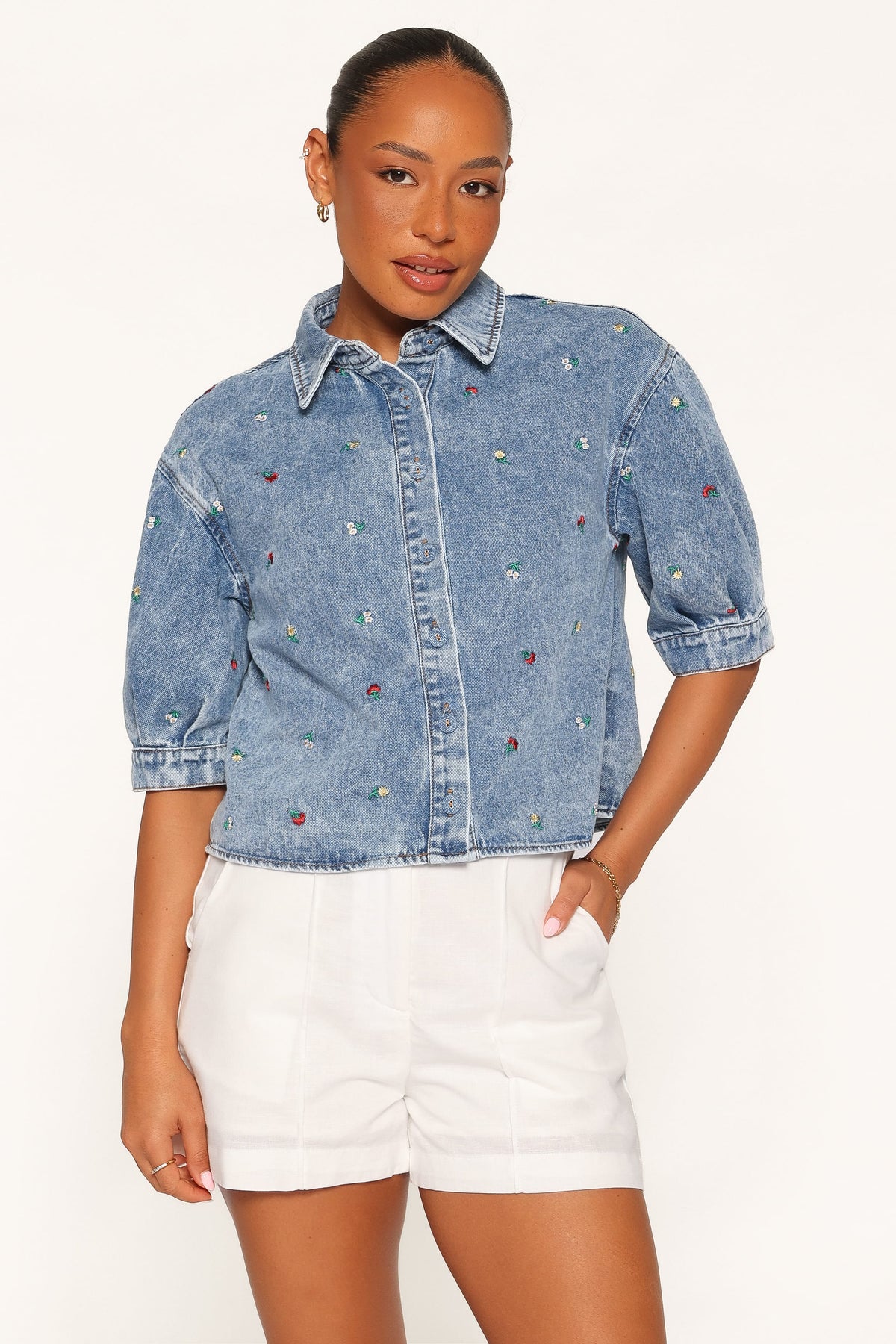 Nerys Embroidered Shirt in Medium Wash – view 1 of 6