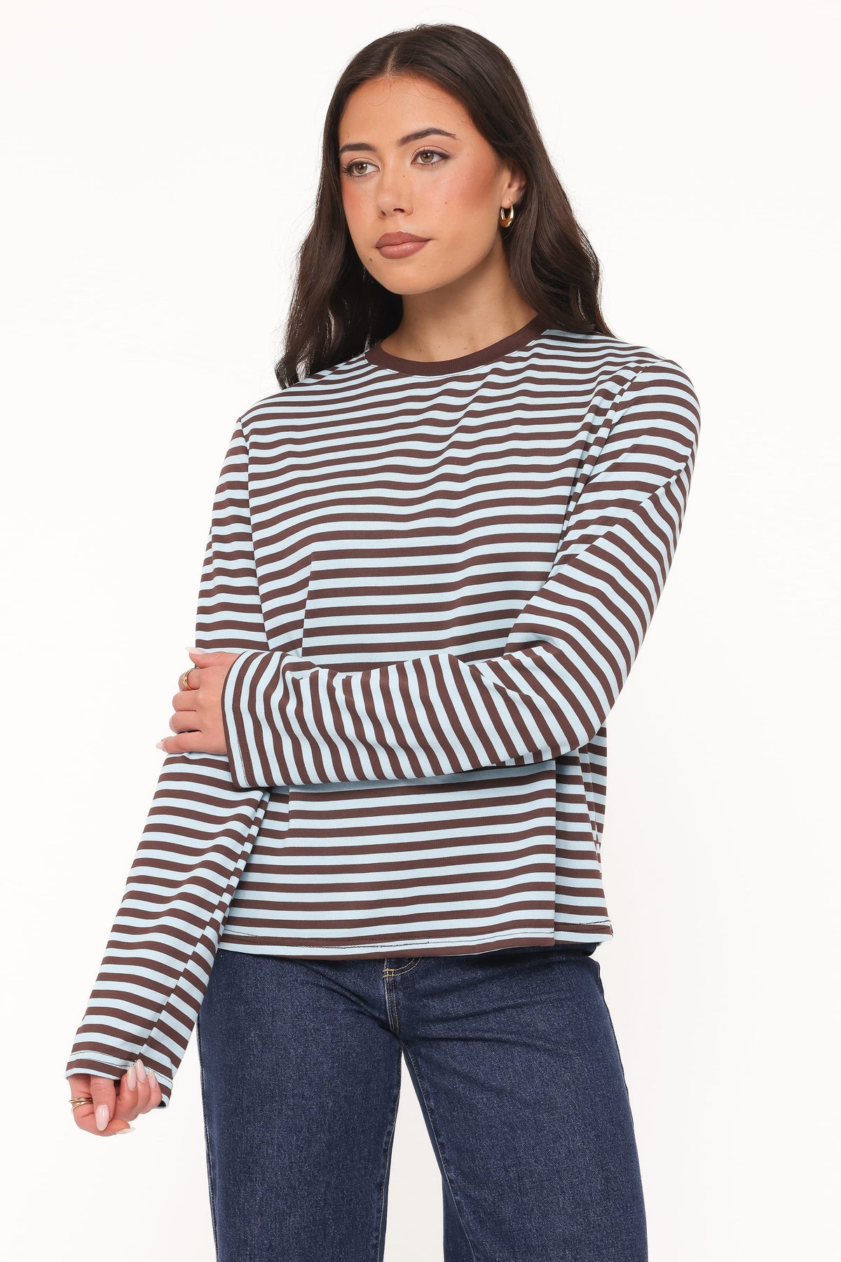 Ruva Long Sleeve Tee in Brown Blue Stripe – view 1 of 6