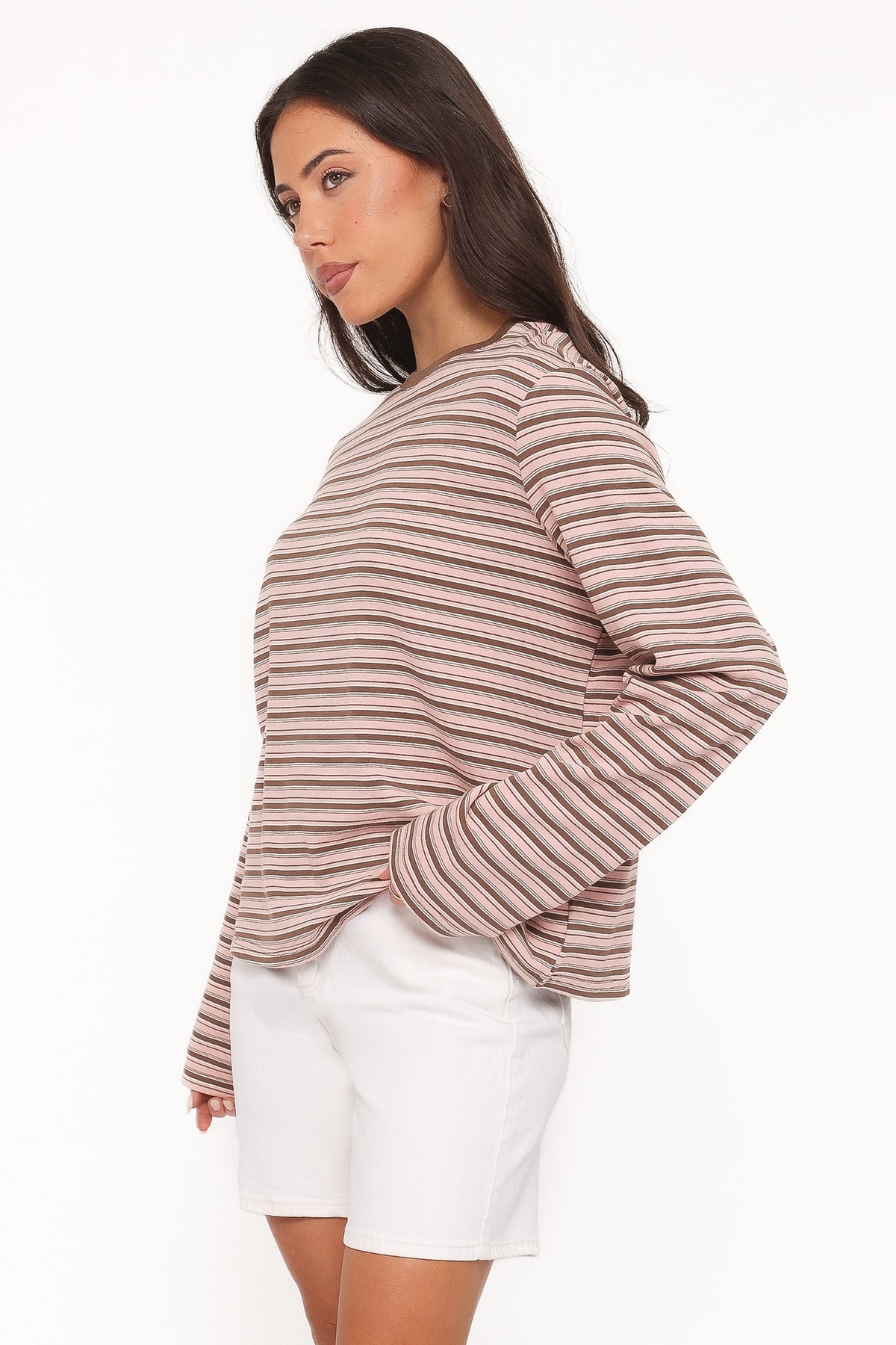 Ruva Long Sleeve Tee in Chocolate Pink Stripe – view 3 of 6
