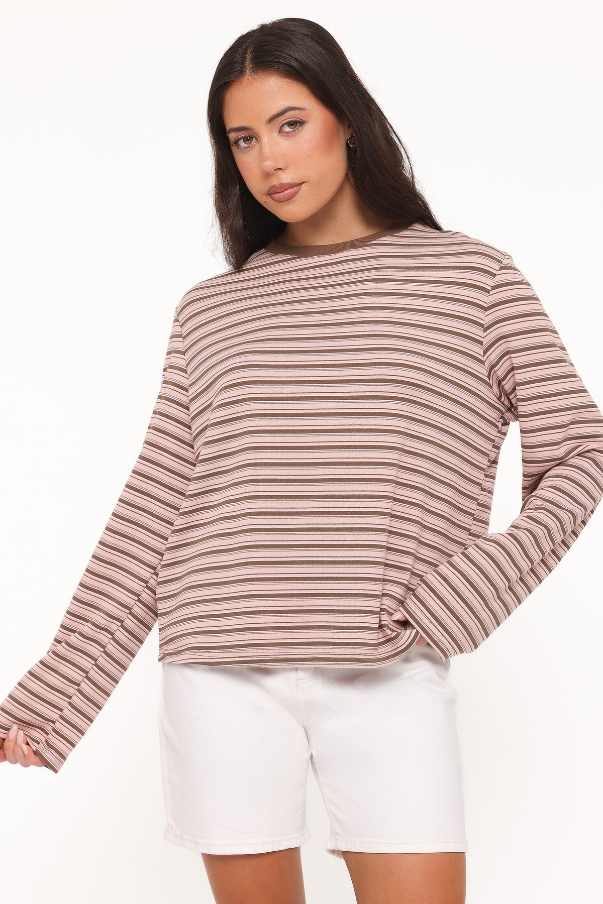 Ruva Long Sleeve Tee in Chocolate Pink Stripe – view 1 of 6