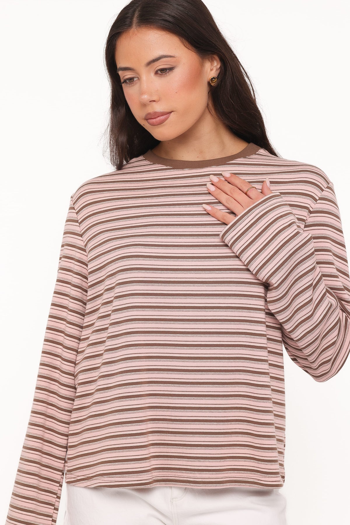 Ruva Long Sleeve Tee in Chocolate Pink Stripe – view 2 of 6
