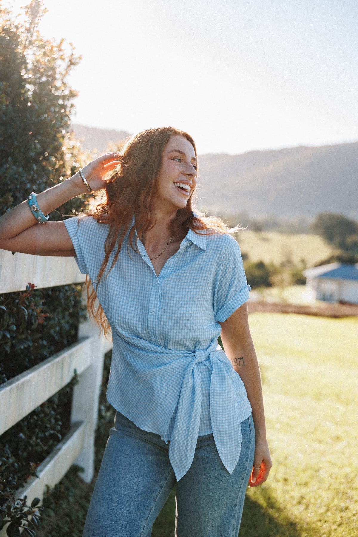 Shiloh Side Tie Shirt in Blue Gingham – view 1 of 8