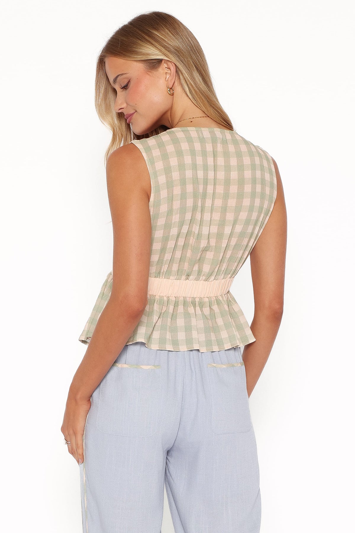 Solace Peplum Top in Green/Pink Gingham – view 5 of 8