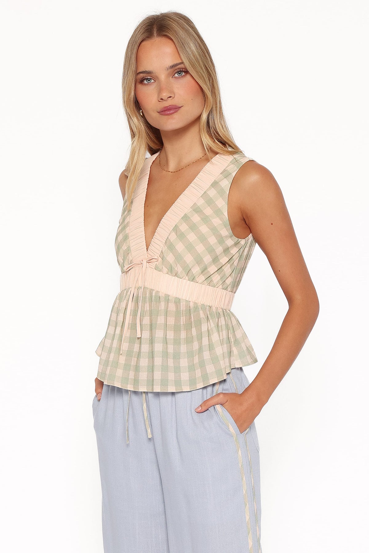 Solace Peplum Top in Green/Pink Gingham – view 4 of 8