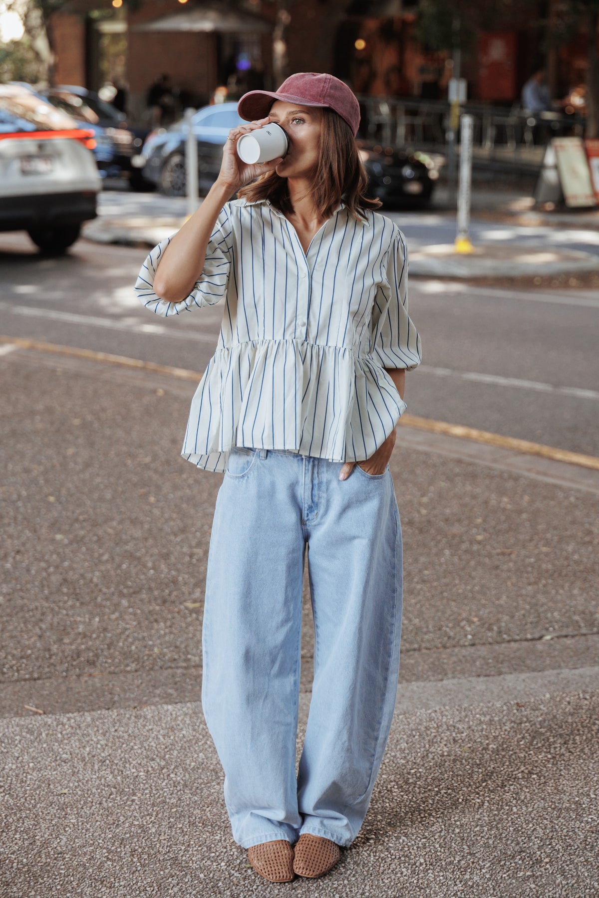 Thomas Short Sleeve Peplum Top in Yellow/Blue Stripe – view 1 of 7