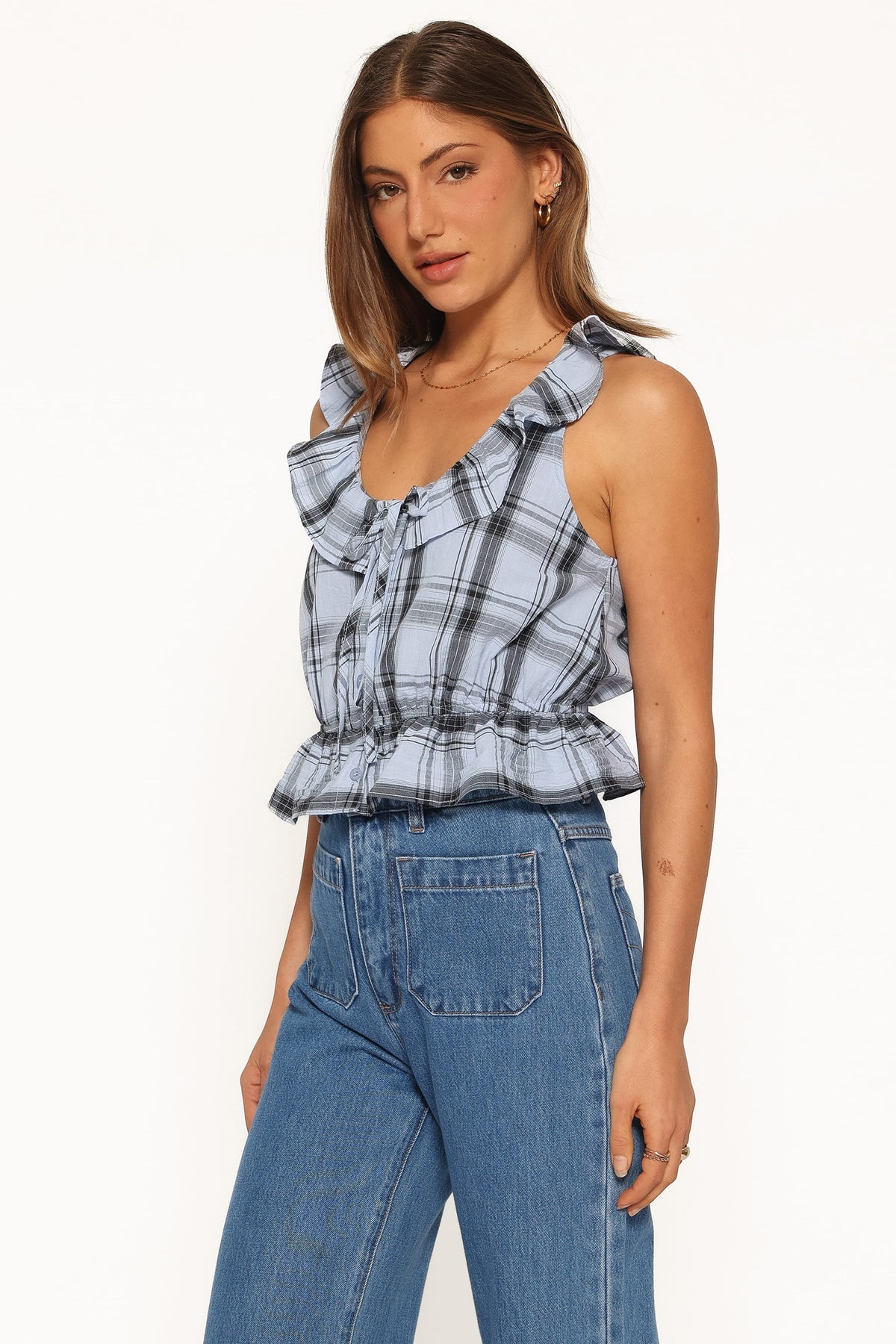 Traci Ruffle Peplum Top in Icy Blue Plaid – view 3 of 6