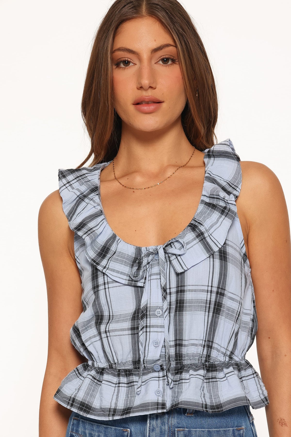Traci Ruffle Peplum Top in Icy Blue Plaid – view 2 of 6