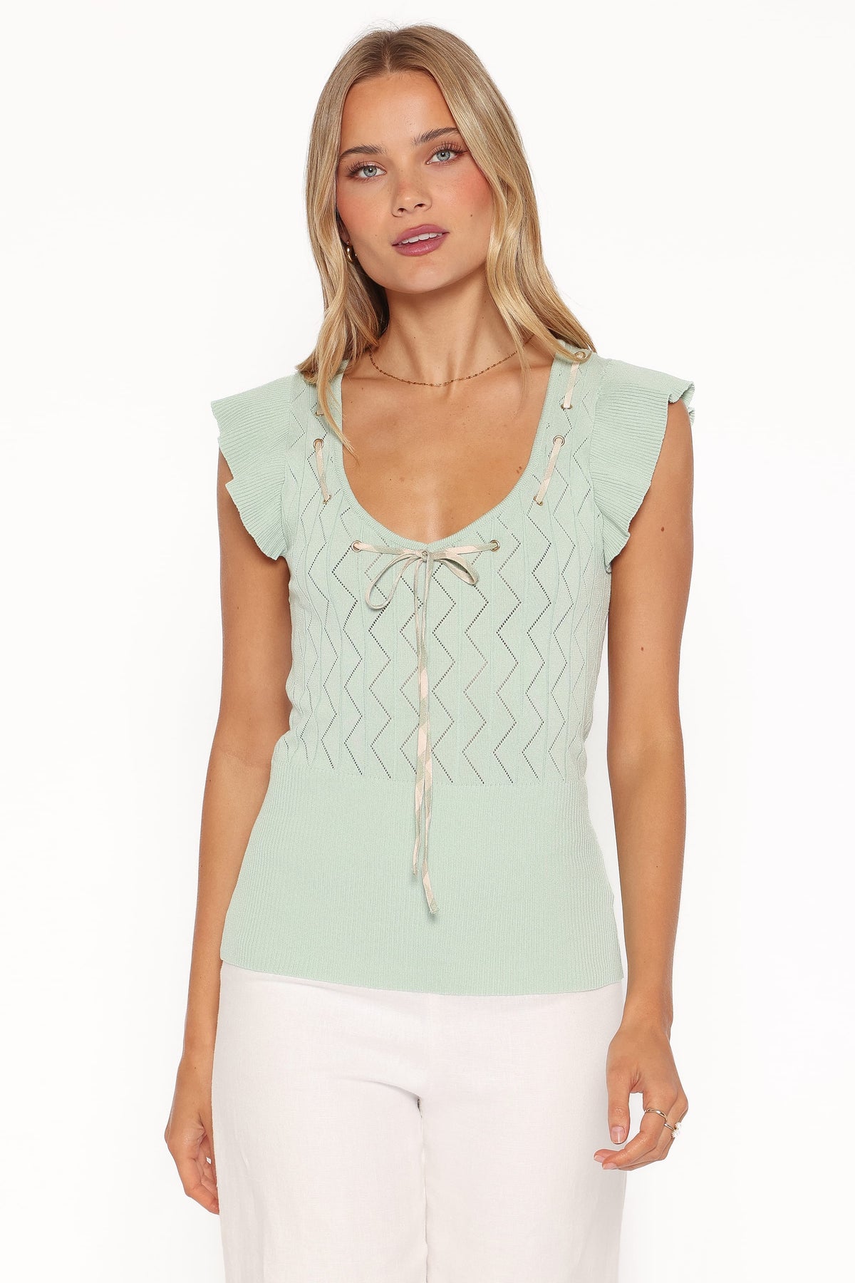 Tucker Pointelle Knit Top in Sage Green – view 2 of 8