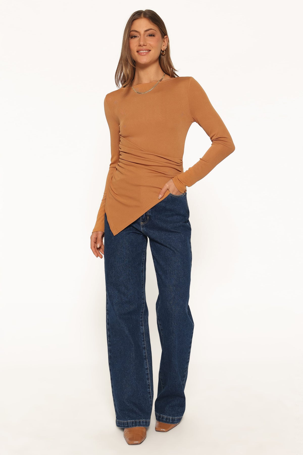 Velda Draped Knit Top in Toffee Brown – view 5 of 6